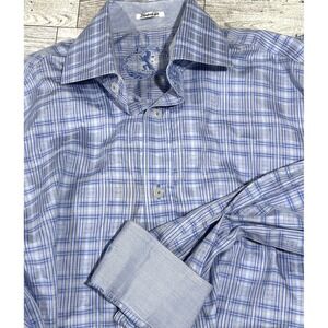 Bugatchi Colorful Embroidery Shaped Contrast Flip‎ Cuffs Casual Shirt Blue LARGE